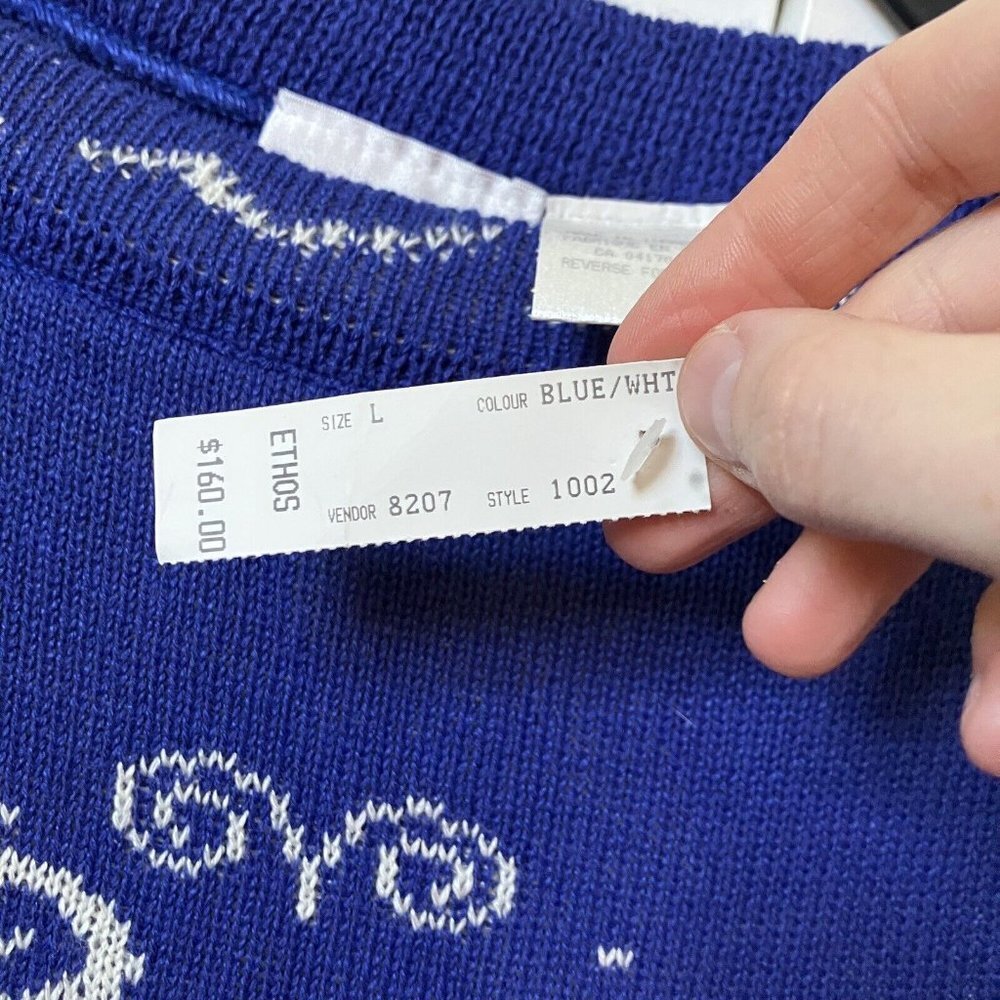 Vintage 80s Helen Knits Greek Blue Line Drawing 3/4 Sleeve Boatneck Sweater - Picture 4 of 6